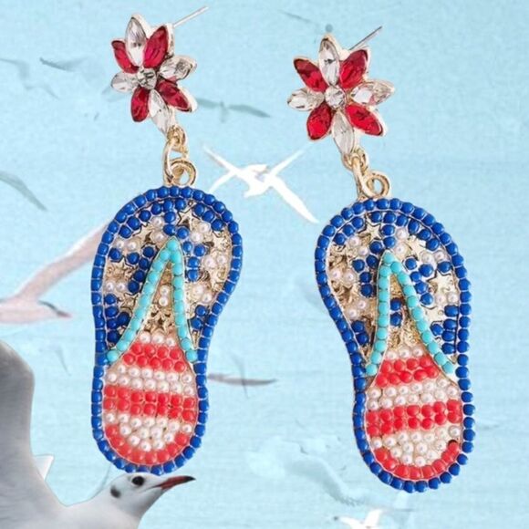 AMERICANA STATEMENT EARRINGS BLING BLING FOUR OF JULY DANGLE - Picture 1 of 3